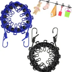 Hot 2 Bärbara Klädstreckor med 12 Klädnypor, Bärbar In- och Utvändig Klädstrecka, Elastisk och Vindtålig Klädstrecka (Svart, Blå)