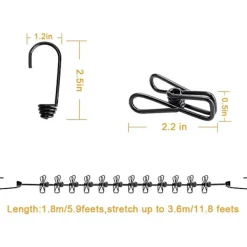Hot 2 Bärbara Klädstreckor med 12 Klädnypor, Bärbar In- och Utvändig Klädstrecka, Elastisk och Vindtålig Klädstrecka (Svart, Blå)