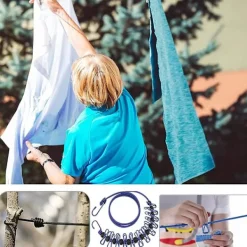 Hot 2 Bärbara Klädstreckor med 12 Klädnypor, Bärbar In- och Utvändig Klädstrecka, Elastisk och Vindtålig Klädstrecka (Svart, Blå)