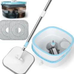 Clearance 130 cm moppset med hink, 2-i-1 filtreringssystem för att separera smuts från färskvatten, rengöringshink, mopp med vridfunktion, levereras med 2 mi