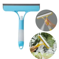 Discount 3 i 1 fönsterglas rengöringsborste spray glasrengörare badrumsskrapa dubbelsidig svampborste hushållstillbehör (blå)