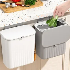 Discount 9 liters hängande papperskorg med lock, väggmonterad soptunna kök kompostbehållare, plast papperskorg avfallskorg för skåp, skåpdörr, Grey