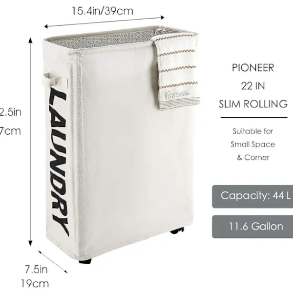 Online 22" Rullande Smalt Tvättkorg på Hjul Hög Smal Smutsig Tvättkorg Korg Hemmahörn Bin (Beige)