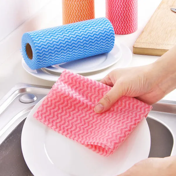 Online 1 rulle engångs disktrasor, praktiska våtservetter återanvändbara köksrengöringsdukar (röd)