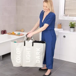 Outlet 3 sektioner tvättkorg hopfällbar väska hopfällbar tygkorg bärbar förvaringsbehållare