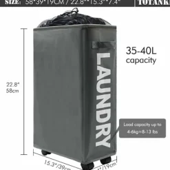 New 22" Smal Rullande Tvättkorg med Handtag och Hjul, Hopfällbar Tvättkorg, Vikbar Tvättsorterare och Organisatör, Stor Förvaringskorg (Grå)