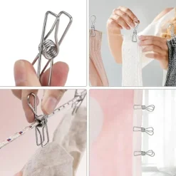 Online 60 st Klädnypor i Rostfritt Stål, Tvättklämmor, Klädstreck, Metallklämma, Vindtät Galgeklämma, Silver, Stark Elasticitet