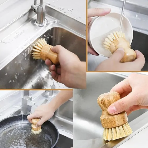 Hot 2 st miljövänliga diskborstar med nylonskaft och hamparep, träborste för kastruller, diskar och grönsaker