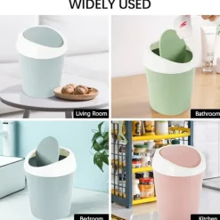 Hot 2 st Mini soptunna i plast, liten skrivbordspapperskorg med svänglock för hem, kontor, kök, sovrum, badrum (blå + grön)