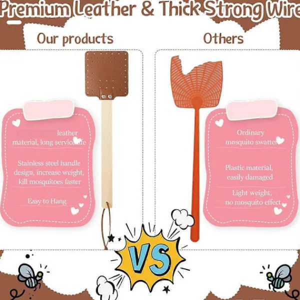 New 4 Stycken 44 cm Flugsmälla i Läder, Lång Flugsmälla, Manuell Flugsmälla med Trähandtag B