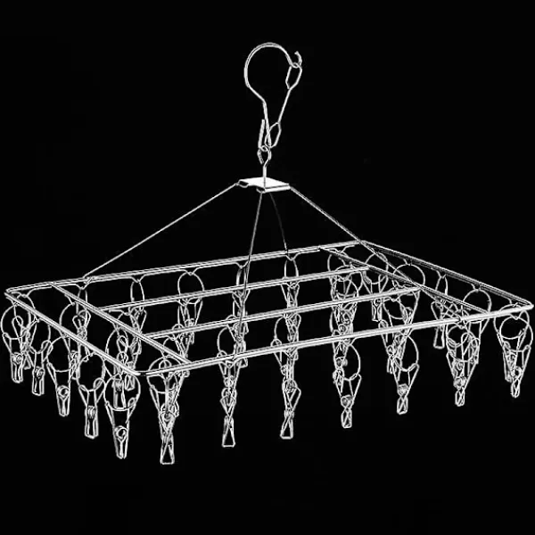 New 1 Torkställning i rostfritt stål, rektangulär vindtät strumphängare för flera ändamål, levereras med 40 klämmor