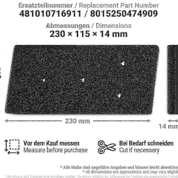 Sale 2 x Filter för Bauknecht Privileg Whirlpool HX 481010716911 Torktumlare, 230 x 115 x 14 mm