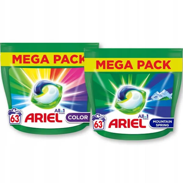 Outlet Ariel tvättkapslar Color + Mountain Spring 2 x 63 stycken (126 tvättar)