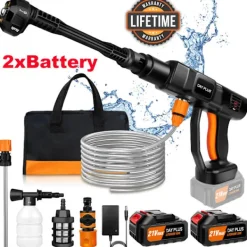 Best OEM Auto Sladdlös Högtryckstvätt, 6-i-1 Justerbar Munstycke, 270L/min Vattenflödeshastighet,2x 3.0Ah Batteri, Batteridriven