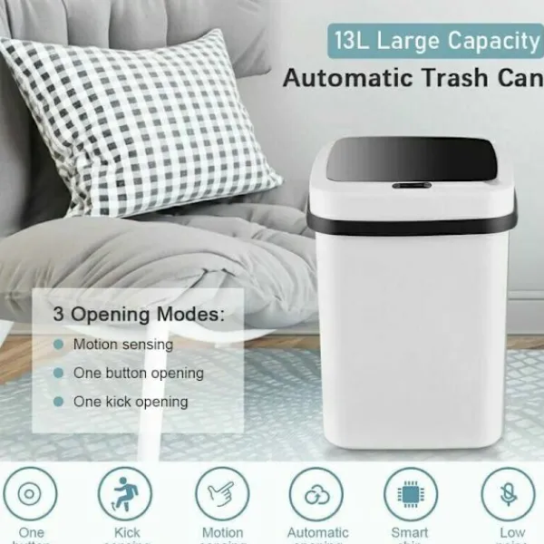 New Automatisk soptunna med stor kapacitet på 13 liter med beröringsfri luktskydd med rörelsesensor, 3 öppningslock för kök, sovrum, badrum