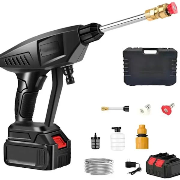 Online Batteridriven Högtryckstvätt, 45 Bar Sladdlös Högtryckspistol med 2 Batterier, 6-i-1 Multifunktionellt Munstycke