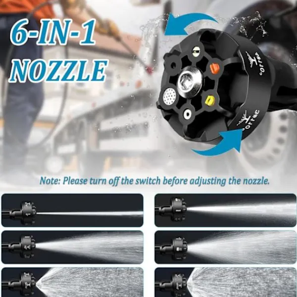 Online Batteridriven Högtryckstvätt, 45 Bar Sladdlös Högtryckspistol med 2 Batterier, 6-i-1 Multifunktionellt Munstycke