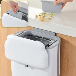 Beige med lock 12 liter hopfällbar hängande soptunna med lock för skåpdörr, kompostbehållare för kök, väggmonterad plastsoptunna för bänkskiva eller | Fyndiq