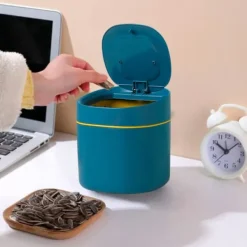 Blå Mini Bordsbehållare med Lock Liten Papperskorg för Sovrum Badrum Kök Kontor Sovrum