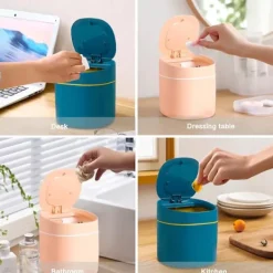 Blå Mini Bordsbehållare med Lock Liten Papperskorg för Sovrum Badrum Kök Kontor Sovrum