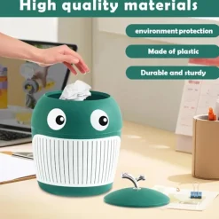 Discount Bordskorg med lock - Liten soptunna i plast med valmotiv, söt mini-soptunna för skrivbord, vardagsrum, kontor, kök, badrum (Grön)