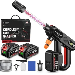 Clearance ONEVAN Borstlös 220Bar Högtryck Biltvättspistol 5 i 1 Sladdlös 3 Växlar Sprutpistol Trädgård Tvätt Kraftverktyg med 2 Batterier