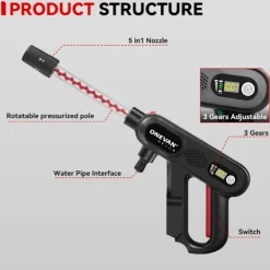 Clearance ONEVAN Borstlös 220Bar Högtryck Biltvättspistol 5 i 1 Sladdlös 3 Växlar Sprutpistol Trädgård Tvätt Kraftverktyg med 2 Batterier
