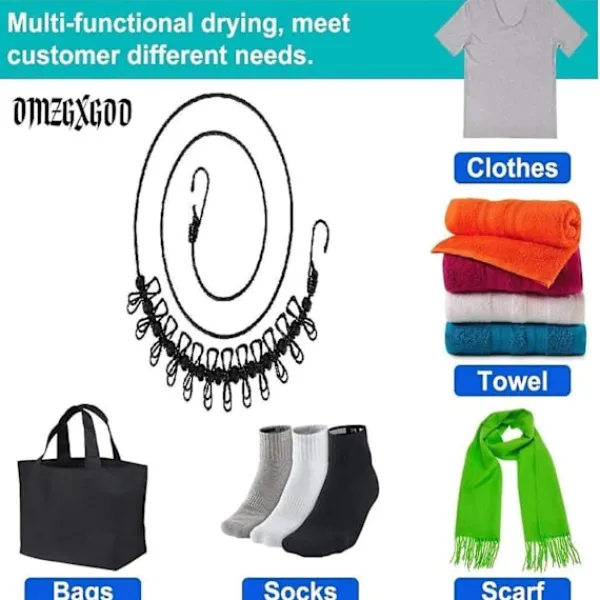 Online Bärbar Klädlina med 12 Klädnypor, Portabel Utdragbar Klädlina, Utomhus, Inomhus och Rese-användning, Elastisk och Vindtät Klädlina