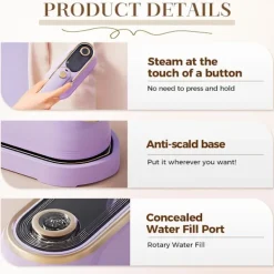 Best Bärbar Klädångare Strykjärn, 1000W Dubbla Ånglägen & 180° Flexibelt Munstycke, Kompakt Handhållen Design för Resor och Affärer, Lila Co White