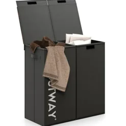 Best COSTWAY 105 L smutsig tvättkorg, 2 fack, 2 avtagbara foderpåsar, handtag, för badrum, tvättstuga Svart