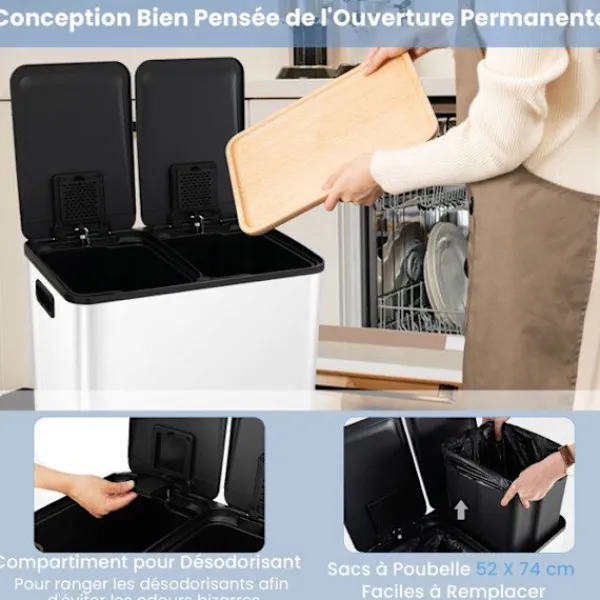 Sale COSTWAY Kökssorteringslåda, 2 Fack 2 x 30L, Dämpad Tyst Stängning, Anti-Fläckar och Lukt Vit