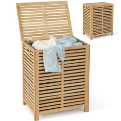 Online COSTWAY 80L bambu tvättkorg, tvättkorg med lock, foderpåse och handtag, 50 x 35 x 62 cm, natur Naturlig