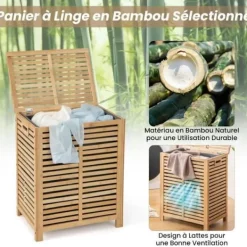 Online COSTWAY 80L bambu tvättkorg, tvättkorg med lock, foderpåse och handtag, 50 x 35 x 62 cm, natur Naturlig