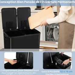 Discount COSTWAY Sopsortering Köksavfall, 2 Fack 2 x 30L, Dämpad Tyst Stängning, Anti-fläckar och Lukter Svart