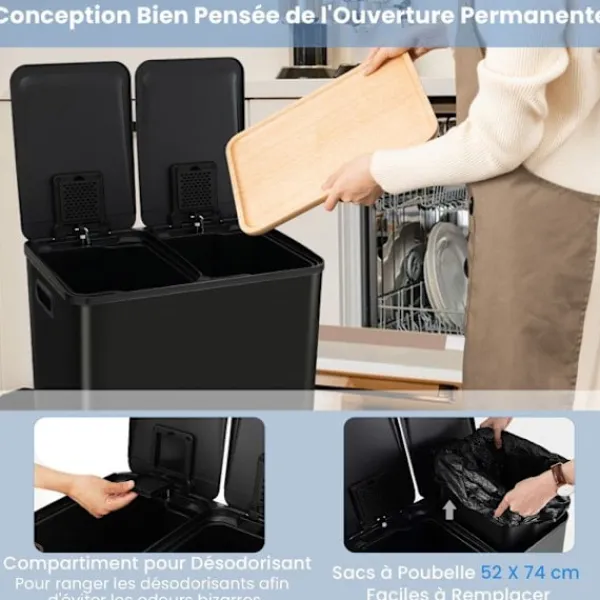 Discount COSTWAY Sopsortering Köksavfall, 2 Fack 2 x 30L, Dämpad Tyst Stängning, Anti-fläckar och Lukter Svart