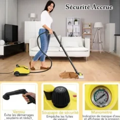 Clearance COSTWAY Dammstädare 2000W för vägglöss 5BAR-19 Tillbehör-Reservoir 1,8L-Universaldäck-160℃-Autonomi 35 min- Gul