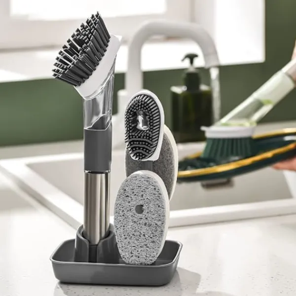 Online Diskborste med 4 Ersättningshuvuden och Tvålbehållare Svamp Rengöringsset Grå
