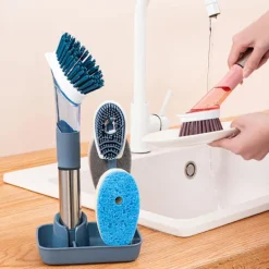 Sale Diskborste med diskmedelsbehållare, rengöringsborste med 4 olika utbyteshuvuden, för köksrengöring
