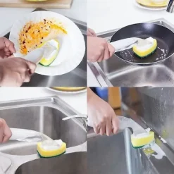 Hot Diskborste med Svamp - Diskborste med 1 Diskborste & 7 Påfyllningsbara Svamphuvuden, Återanvändbara Köksrengöringssvampar, Rengöring
