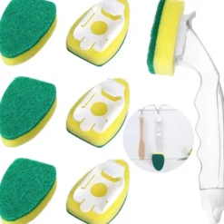 Clearance Diskborste Svamp - Diskborste Skrubber med 1 Diskborste & 7 Påfyllningsbara Svamphuvuden, Återanvändbara Köksrengöringssvampar, Rengöring-FA6-