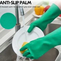 Clearance Diskhandskar, återanvändbara rengöringshandskar i gummi för kök, extra tjocka, långa ärmar (M, Grön, 10 par)