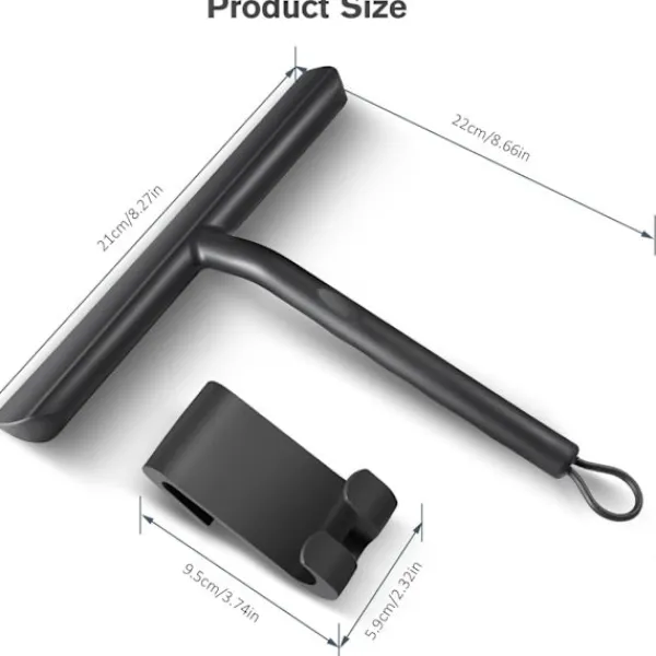 Outlet Duschskrapa för Ränderfri Rengöring av Glasdörr, Badrumsskrapa med Hållare - 21cm Svart, Silikonskrapa