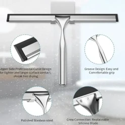 Discount Duschskrapa i rostfritt stål, 25,5 cm duschskrapa med krok, för glas, spegel, kakel, kök - Silver