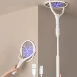 Online Elektrisk insektsracket med roterande huvud, uppladdningsbar, elektrisk myggracket, flugsmälla, flugfälla, med teleskopisk förlängning