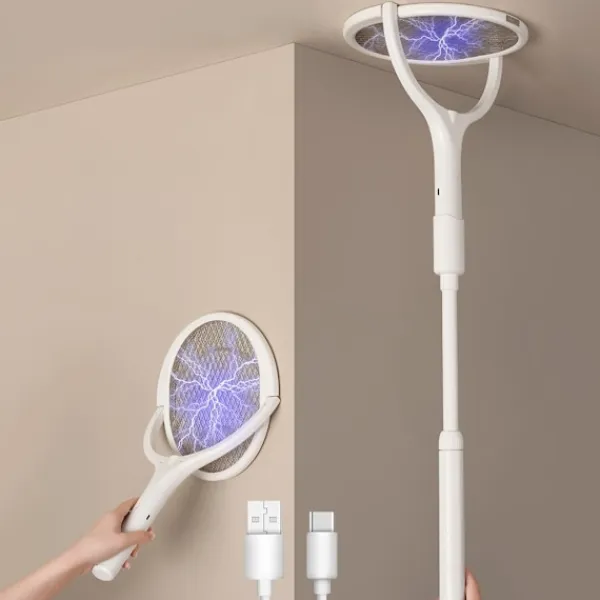 Online Elektrisk insektsracket med roterande huvud, uppladdningsbar, elektrisk myggracket, flugsmälla, flugfälla, med teleskopisk förlängning