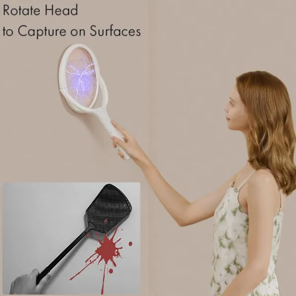 Online Elektrisk insektsracket med roterande huvud, uppladdningsbar, elektrisk myggracket, flugsmälla, flugfälla, med teleskopisk förlängning