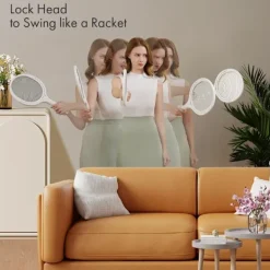 Online Elektrisk insektsracket med roterande huvud, uppladdningsbar, elektrisk myggracket, flugsmälla, flugfälla, med teleskopisk förlängning