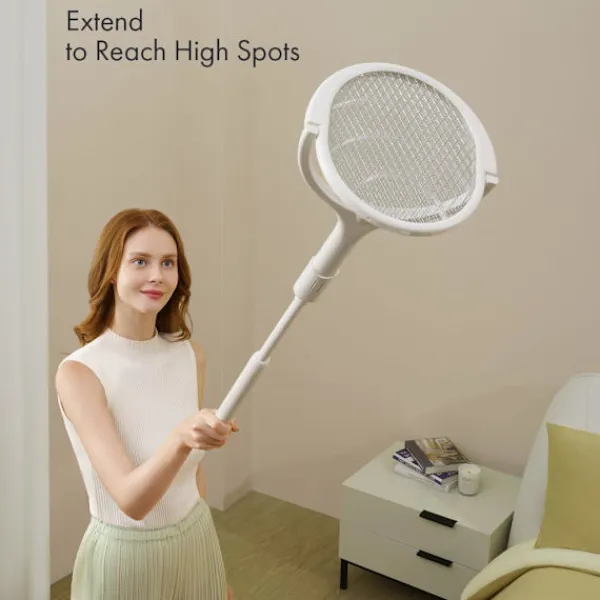 Online Elektrisk insektsracket med roterande huvud, uppladdningsbar, elektrisk myggracket, flugsmälla, flugfälla, med teleskopisk förlängning