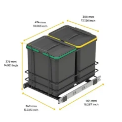 Hot EMUCA Återvinningsbehållare Recycle för kök, 2 x 16 L, fastsättning från botten och manuell uttagning, Grå antracitplast Kolgrå