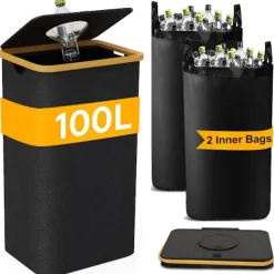 New En hushållssorteringskärl med två löstagbara återanvändbara innerpåsar, 600D Oxford-tyg, för återvinning av flaskor, kartonger och glas - FA- Black